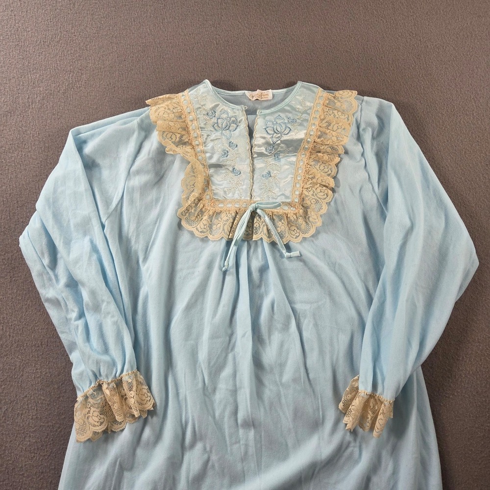 Vintage Erica Loren Nightgown NEW Womens Small Blue Lace Trim Long Sleeve